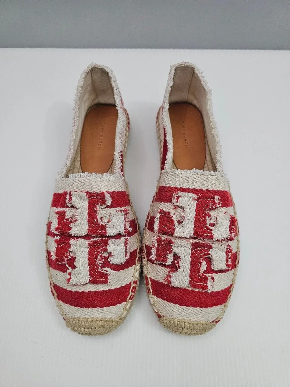 Tory Burch Fray Stripe Espadrille Flats Womens 7.5 Red White Logo Canvas Slip On